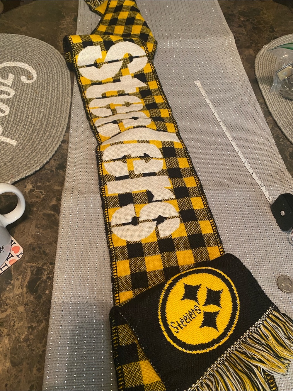Black and Gold Plaid Cheer Scarf with Team Crest